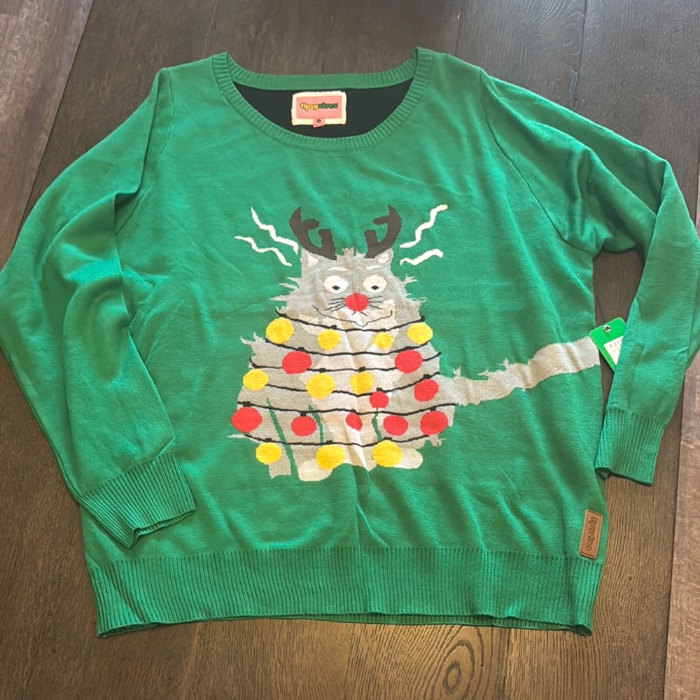 Tipsy Elves size Large CAT w/ tail in electric plug UNISEX Sweater FUN